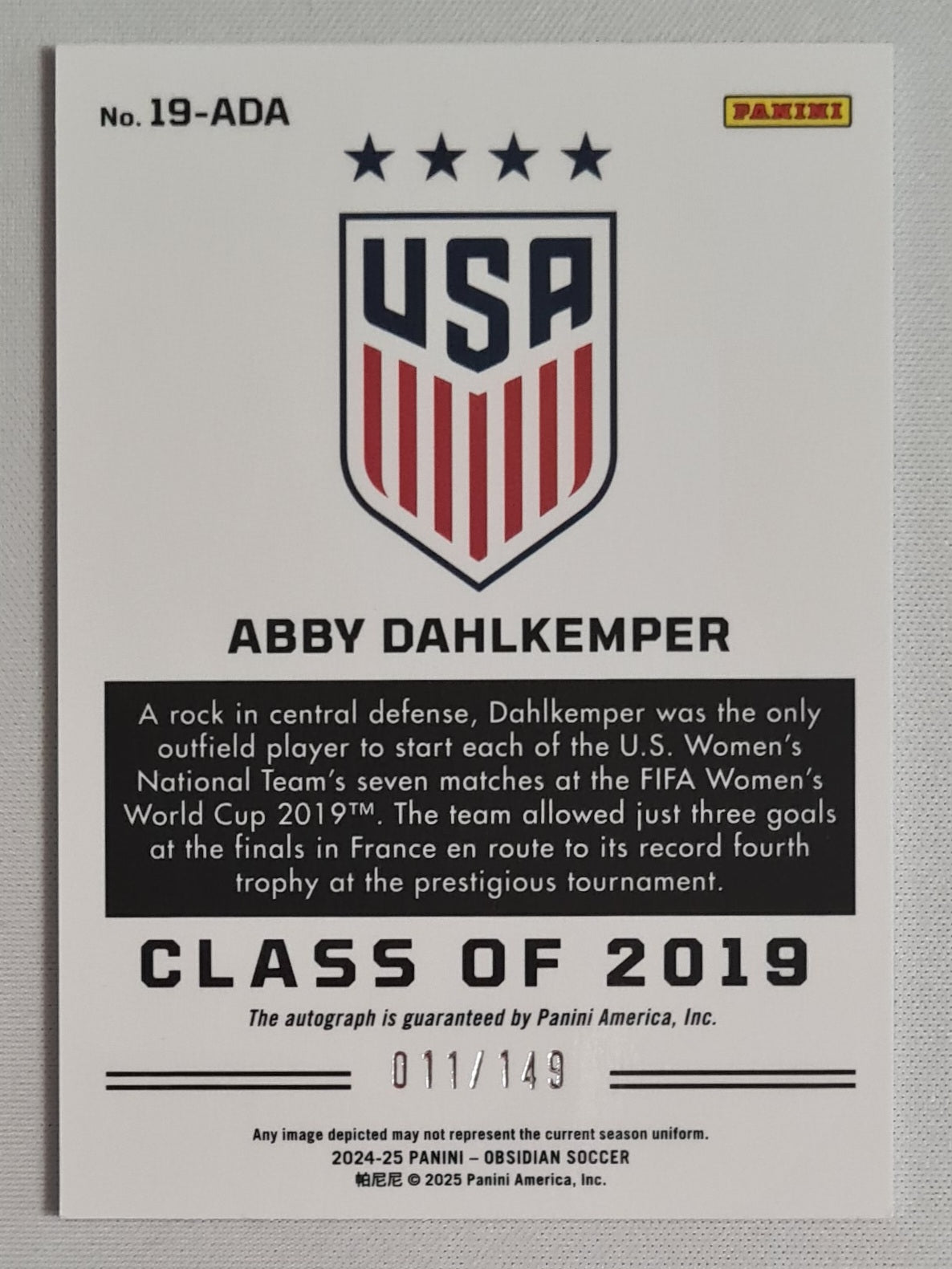 Abby Dahlkemper - 2024/25 Panini Obsidian Soccer Team USA Class of 2019 #19-ADA /149 /Autograph