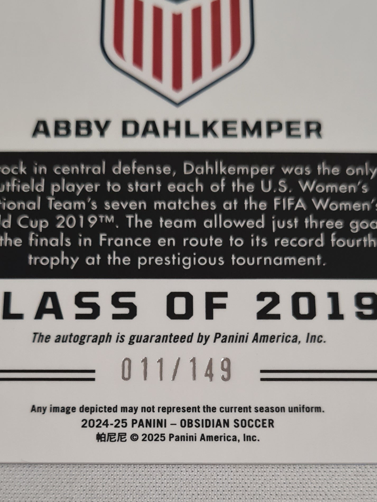 Abby Dahlkemper - 2024/25 Panini Obsidian Soccer Team USA Class of 2019 #19-ADA /149 /Autograph