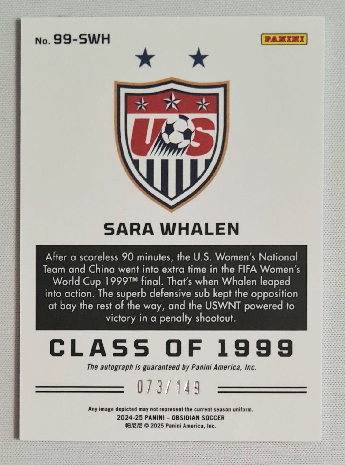 Sara Whalen - 2024/25 Panini Obsidian Soccer Team USA Class of 1999 #99-SWH /149 /Autograph