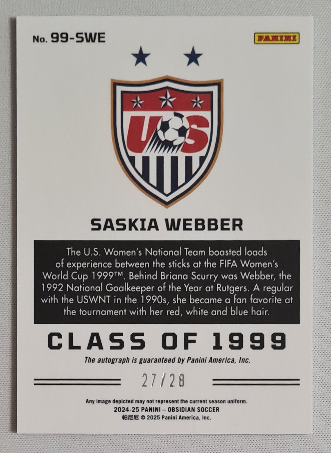 Saskia Webber - 2024/25 Panini Obsidian Soccer Team USA Class of 1999 #99-SWE /28 /Autograph