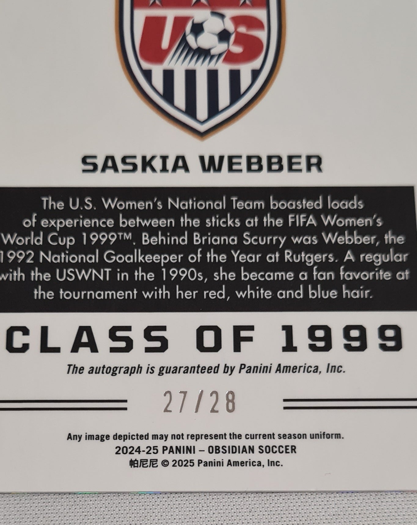 Saskia Webber - 2024/25 Panini Obsidian Soccer Team USA Class of 1999 #99-SWE /28 /Autograph