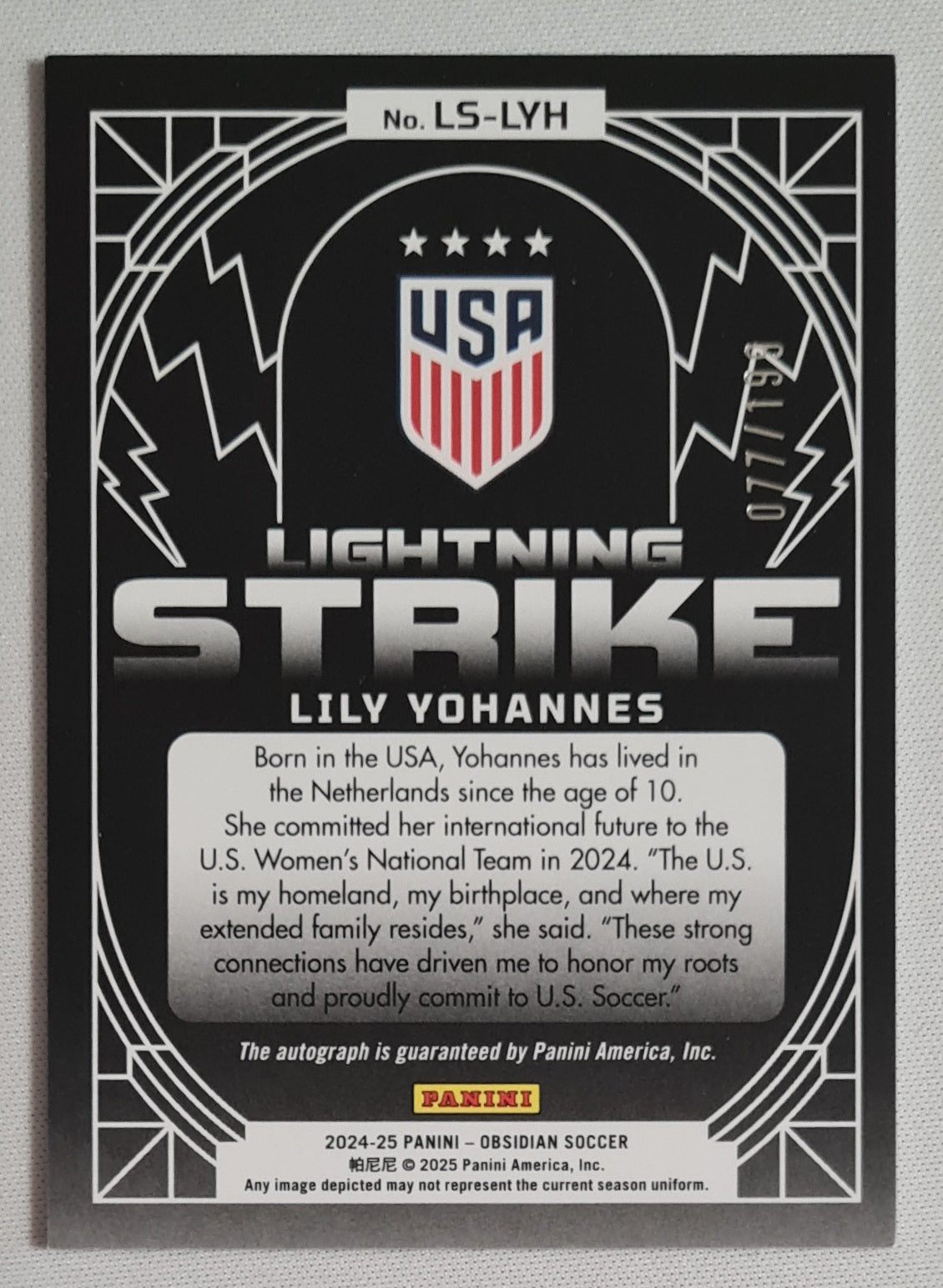 Lily Yohannes - 2024/25 Panini Obsidian Lightning Strike Soccer Team USA (RC) #LS-LYH /199 /Autograph