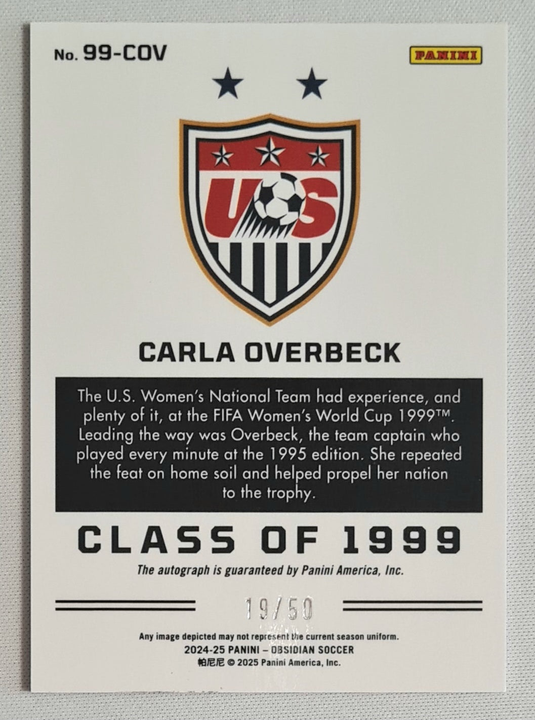 Carla Overbeck - 2024/25 Panini Obsidian Soccer Team USA Class of 1999 #99-COV /50 /Autograph