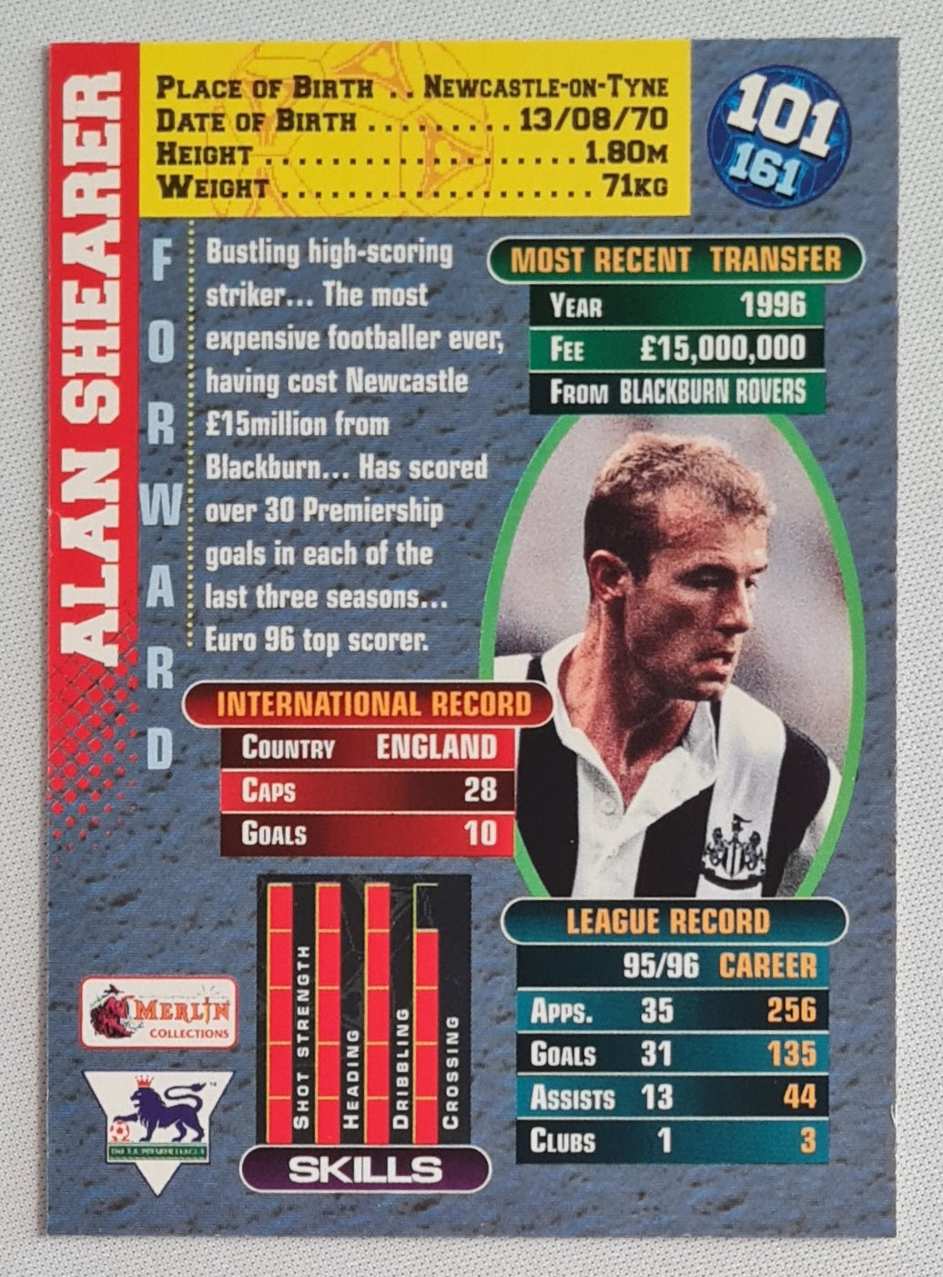 Alan Shearer - 1996 Merlin Soccer Premier Gold (EPL) Newcastle United #101
