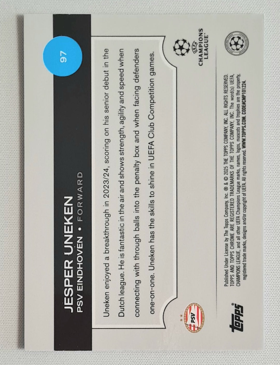 Jesper Uneken - 2025 Topps Chrome PSV Eindhoven Champions League (RC) #97 /199 Refractor