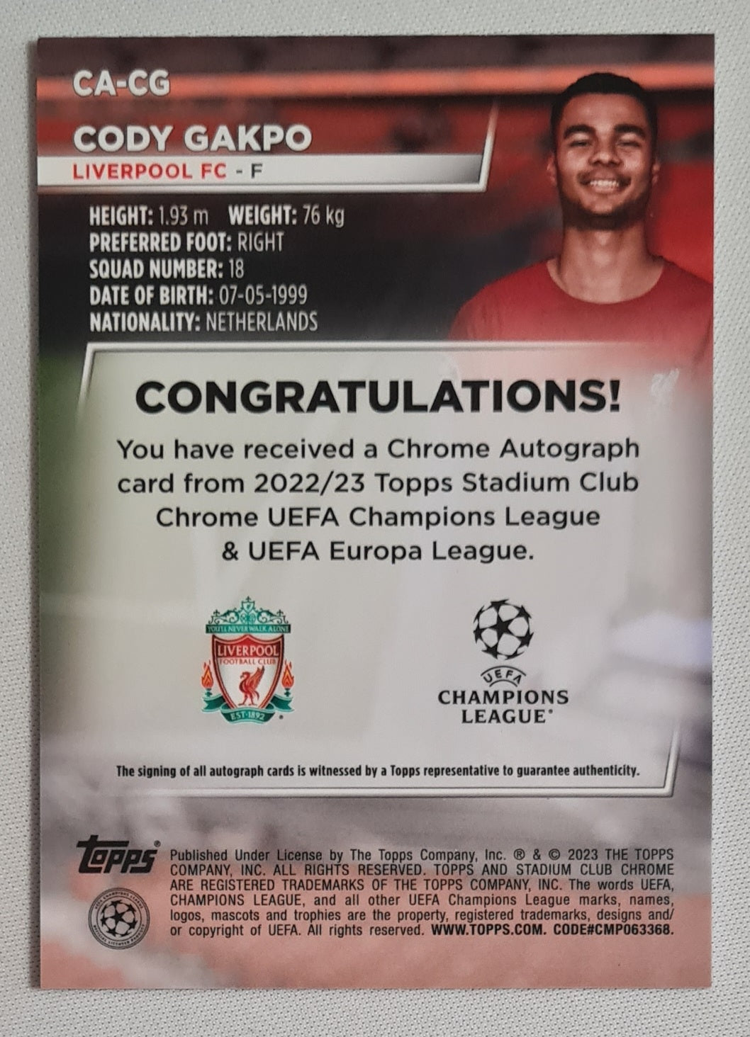 Cody Gakpo - 2023 Topps Stadium Chrome Club Liverpool F.C. #CA-GG /Autograph