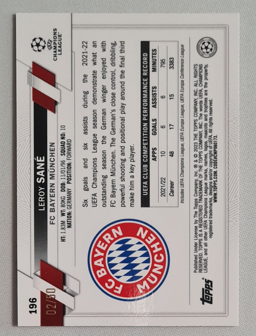 Leroy Sane - 2023 Topps Chrome FC Bayern Munchen Soccer #196 Gold /50