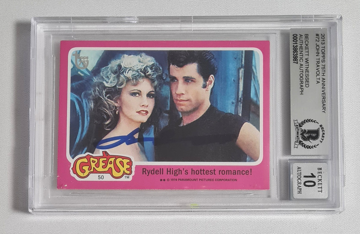 John Travolta - 2013 Topps 75th Anniversary GREASE John Travolta & Olivia Newton John #72 Beckett 10 /Autograph