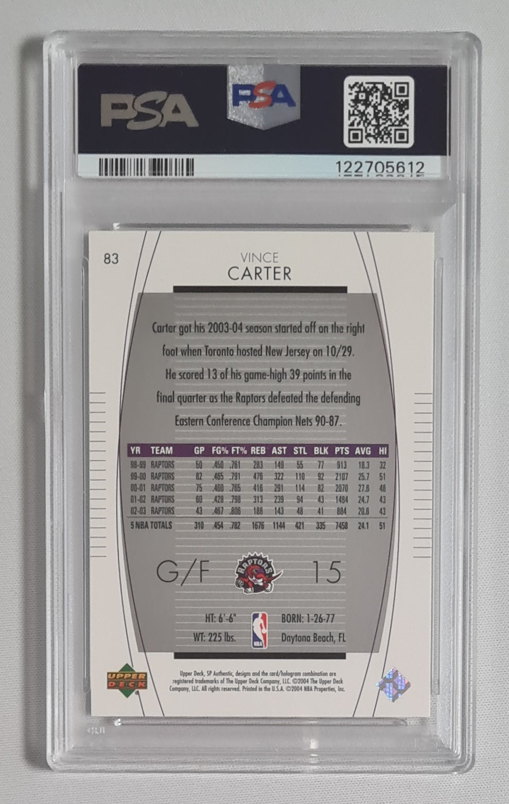 Vince Carter - 2003 Upper Deck NBA Basketball Raptors SP Authenic #83 PSA 10 GEM MINT