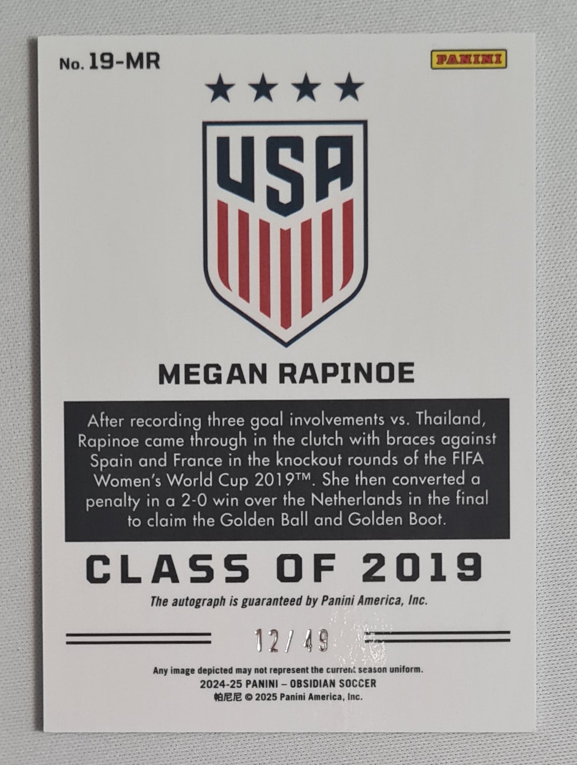 Megan Rapinoe - 2024/25 Panini Obsidian Soccer Team USA Class of 2019 #19-MR /49 /Autograph
