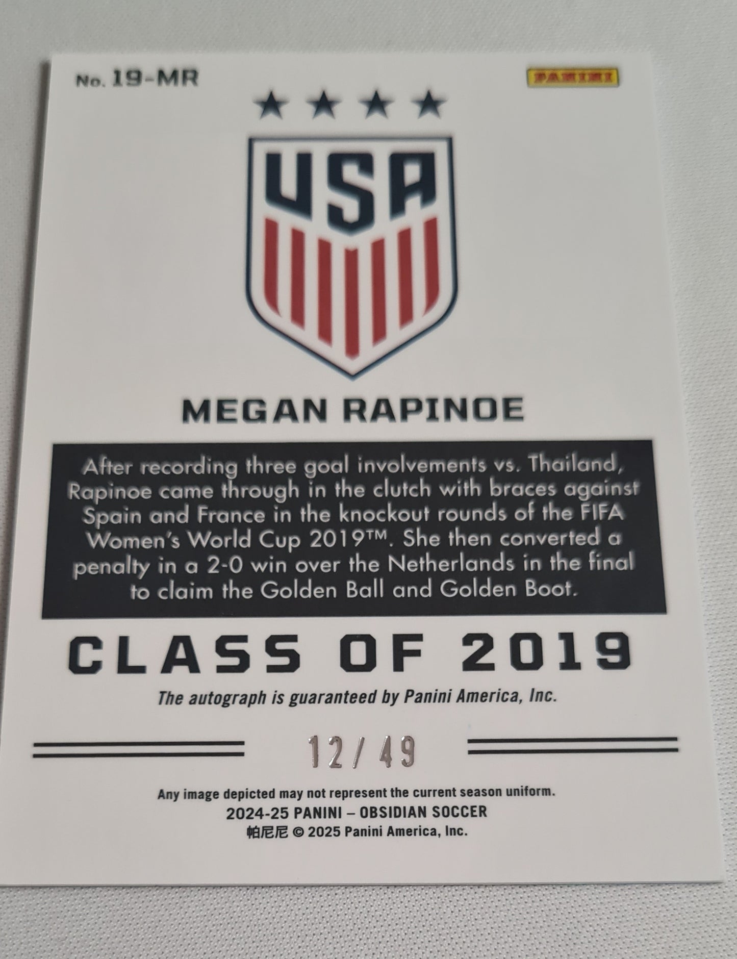 Megan Rapinoe - 2024/25 Panini Obsidian Soccer Team USA Class of 2019 #19-MR /49 /Autograph