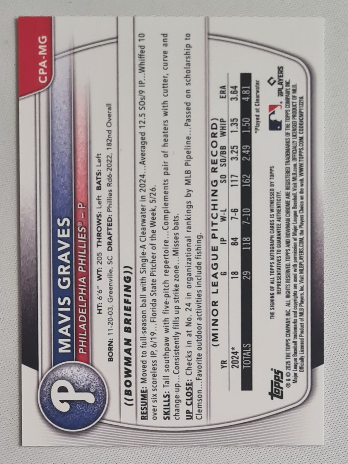 Mavis Graves - 2025 Topps 1st Bowman Chrome MLB Philadelphia Phillies #CPA-MG /Autograph