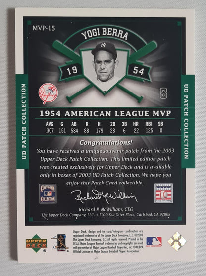 Yogi Berra - 2003 Upper Deck 1954 American League MVP MLB Yankees #MVP-15 /Patch