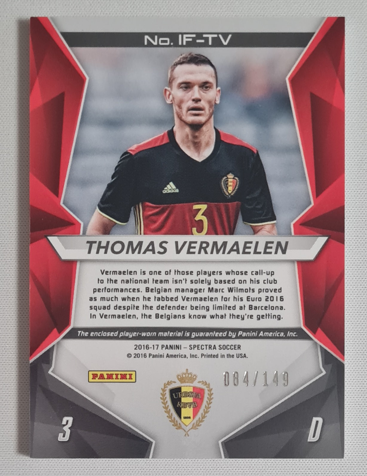 Thomas Vermaelen - 2016/17 Panini Spectra Soccer National Team Belgium International Fabrics #IF-TV /Patch