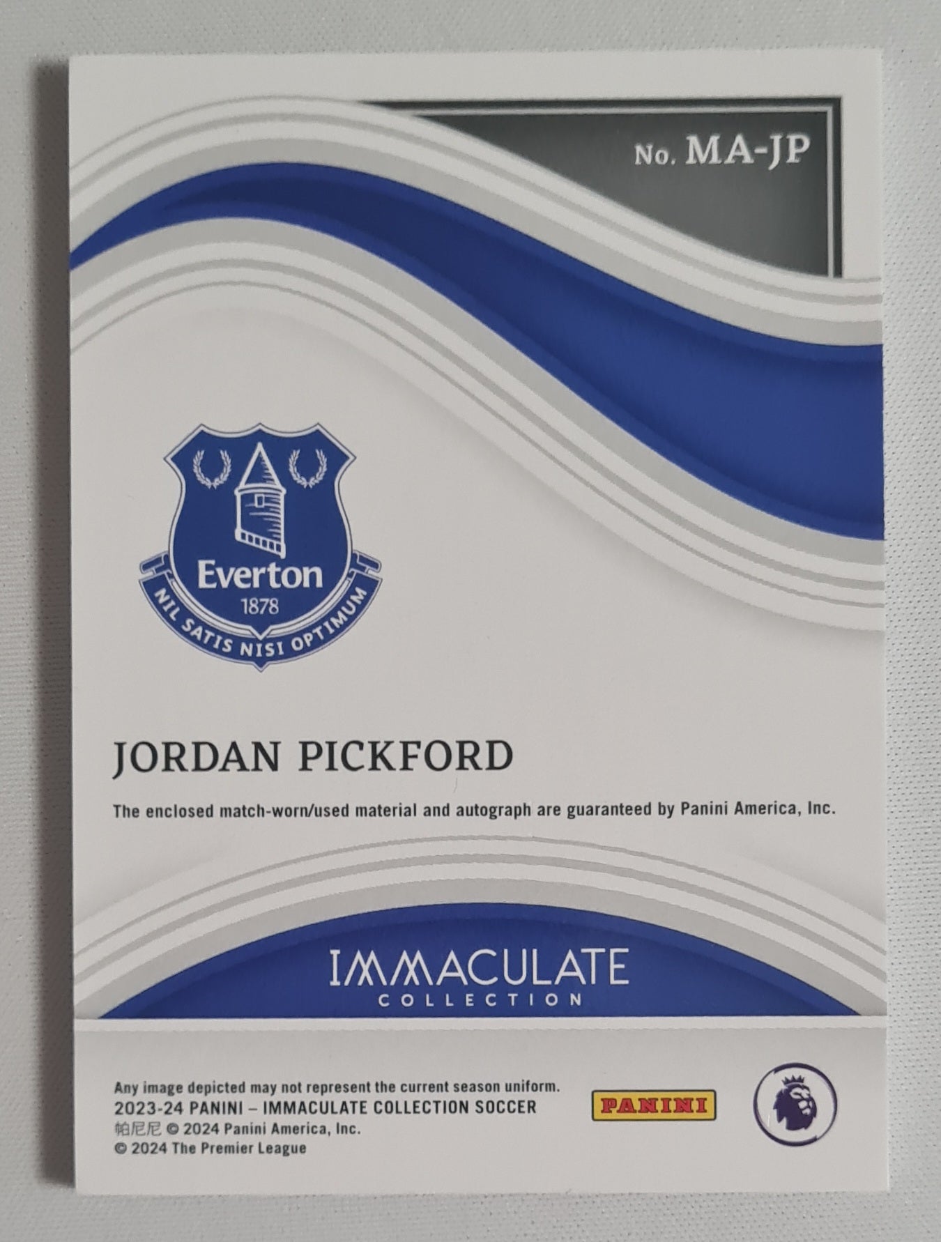 Jordan Pickford - 2023/24 Panini Immaculate Collection Soccer (Everton 1878) #MA-JP /30 /Patch /Autograph
