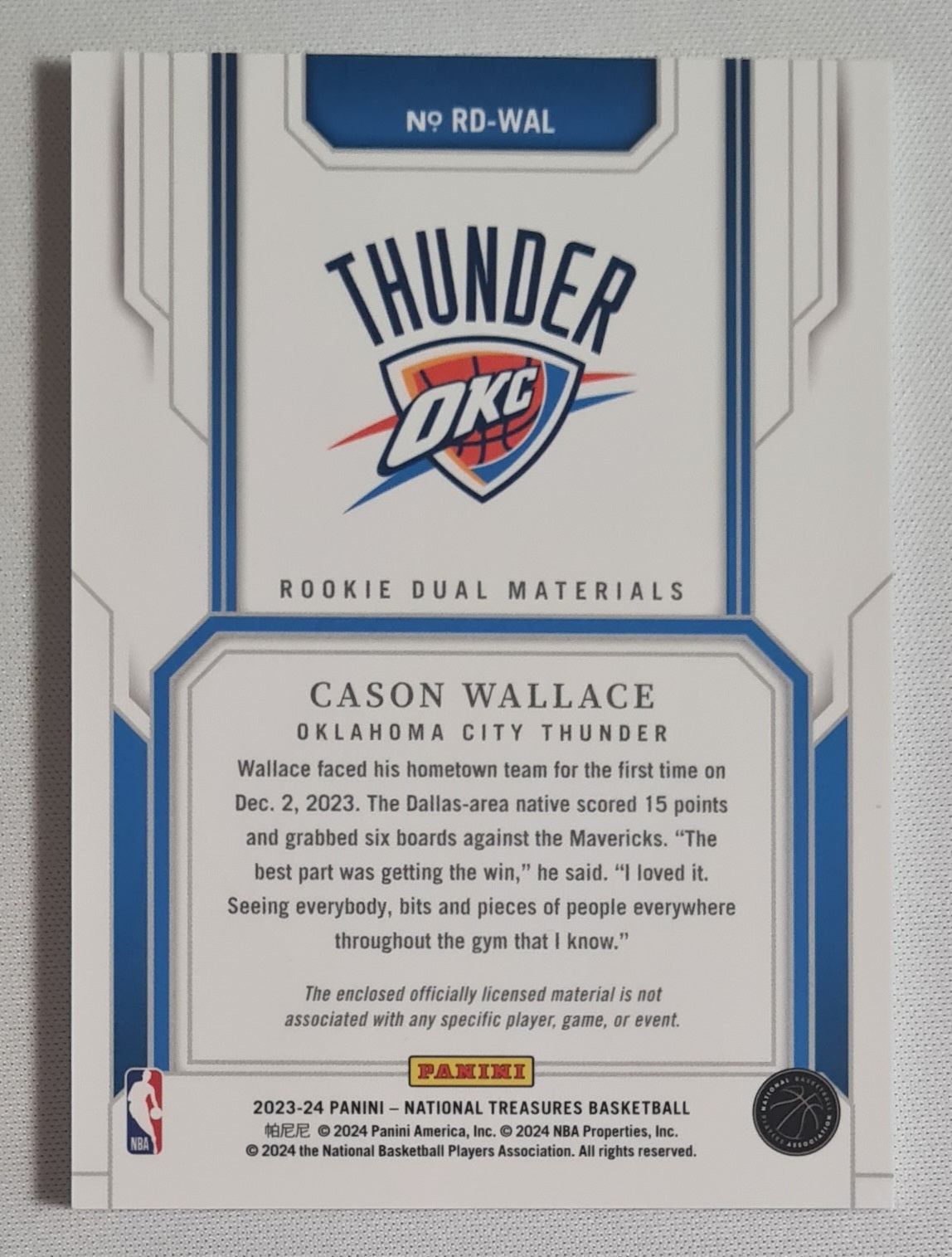 Cason Wallace - 2023/24 Panini National Treasures Basketball NBA Oklahoma City Thunder Rookie Dual Materials #RD-WAL /25 /Patch
