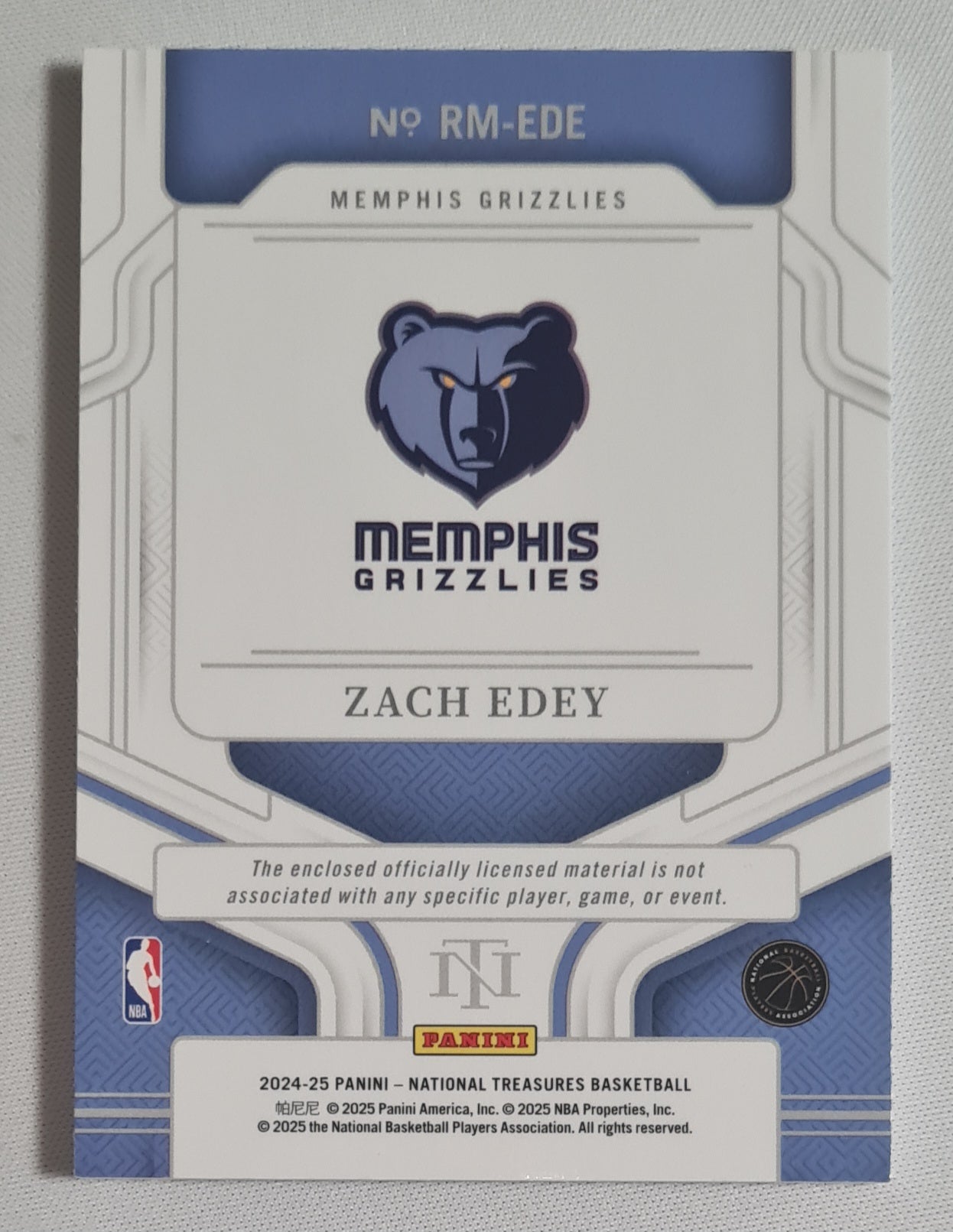Zach Edey - 2024/25 Panini National Treasures Basketball NBA Memphis Grizzlies #RM-EDE /25 /Patch