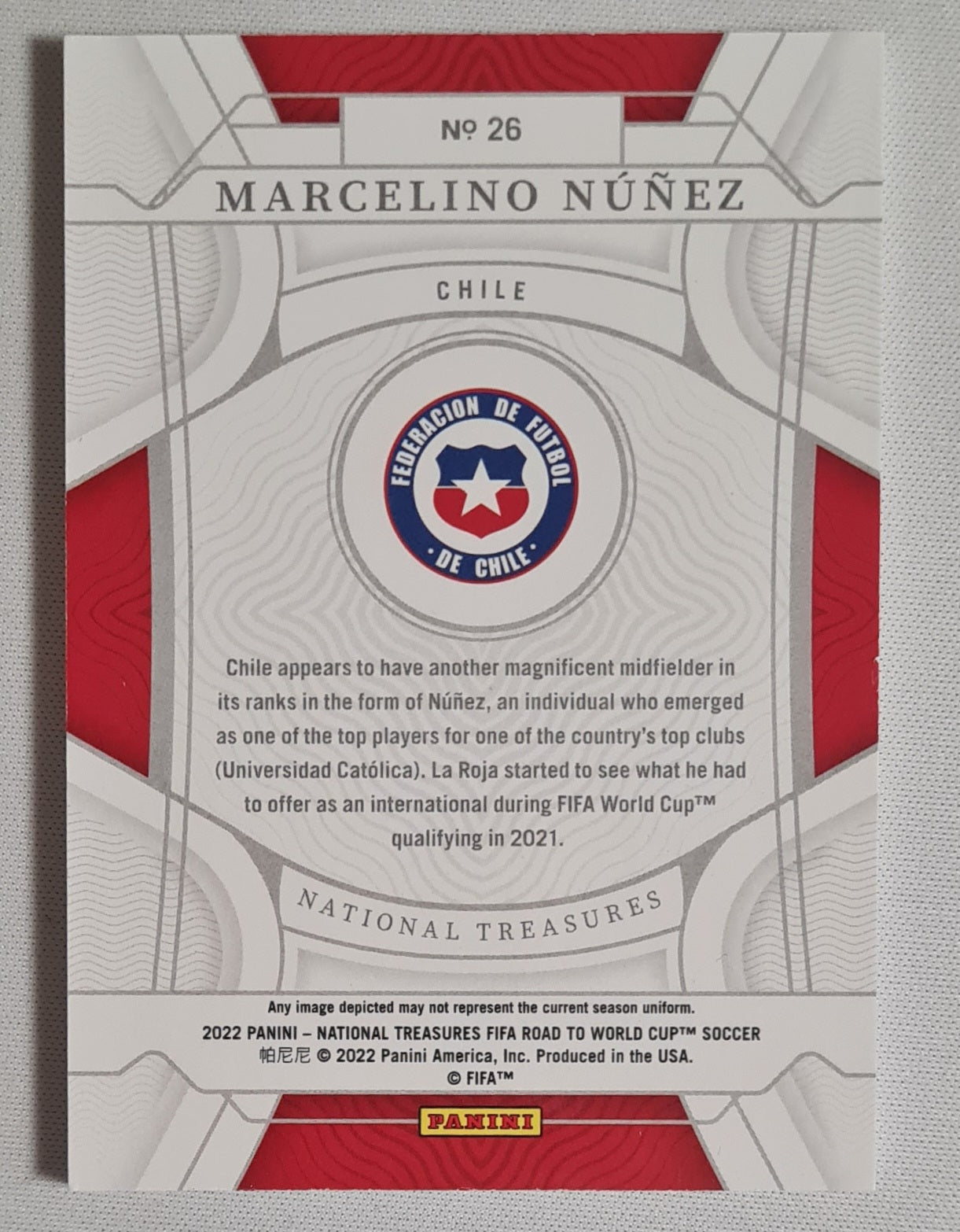Marcelino Nunez - 2022 Panini National Treasure FIFA Road to World Cup Soccer National Team Chile #26 /99