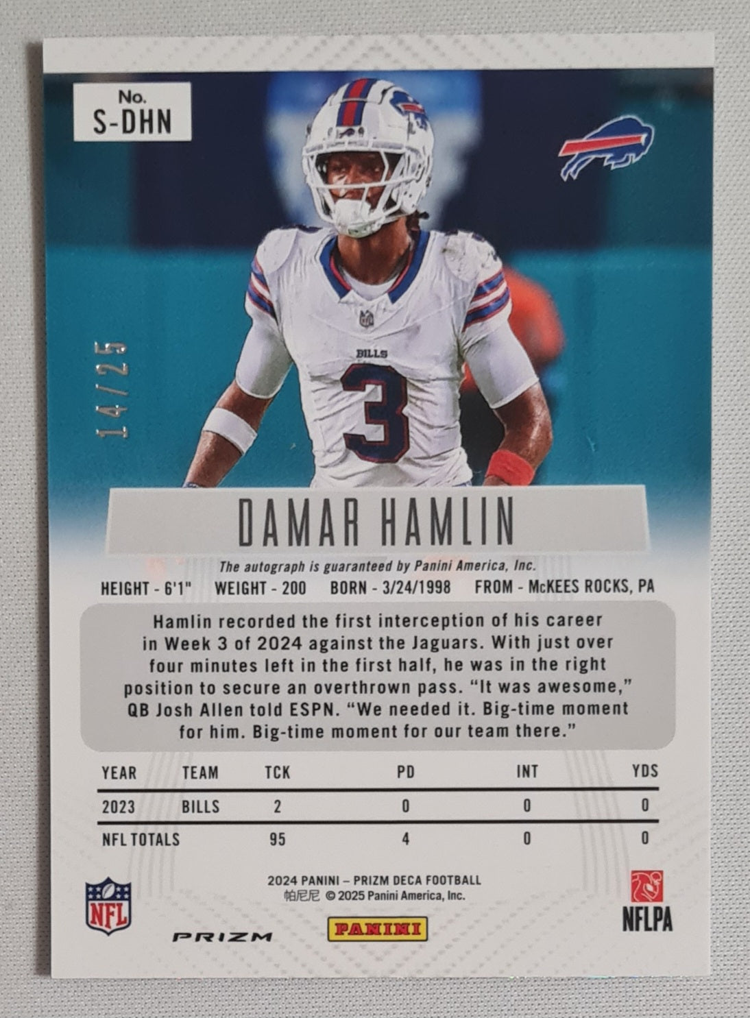 Damar Hamlin - 2024 Panini Prizm Deca Football NFL Bills #S-DHN /25 / Auto