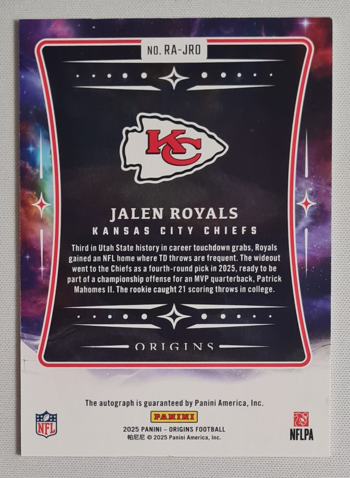 Jalen Royals - 2025 Panini Origins Football NFL Chiefs (RC) #RA-JRD /75 / on card Autograph