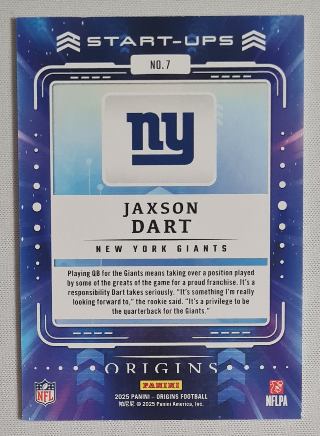 Jaxson Dart - 2025 Panini Origins Football NFL Start-ups NY Giants (RC) #7