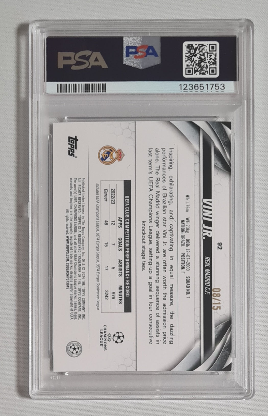 Vini Jr. - 2023/24 Topps Jade ED Real Madrid C.F. UC #92 Purple /15 PSA 9 MINT