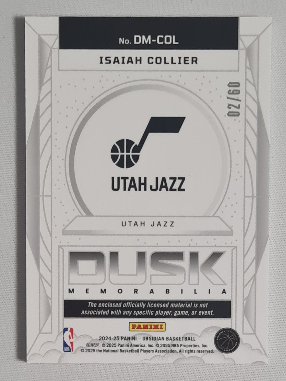 Osaiah Collier - 2024/25 Panini Obsidian Basletball Dusk Memorabilia NBA Utah Jazz #DM-COL /Patch /60