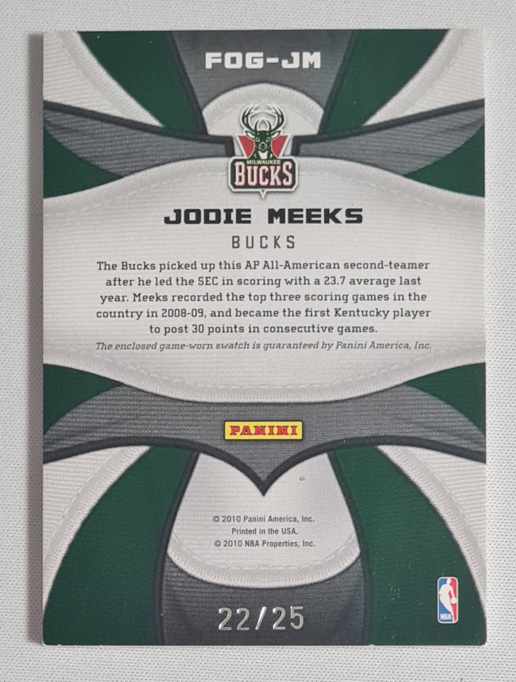 Jodie Meeks - 2010 Panini America Inc. 09/10 Certified - Fabric of the Game - Milwaukee Bucks #FOG-JM /Patch /25