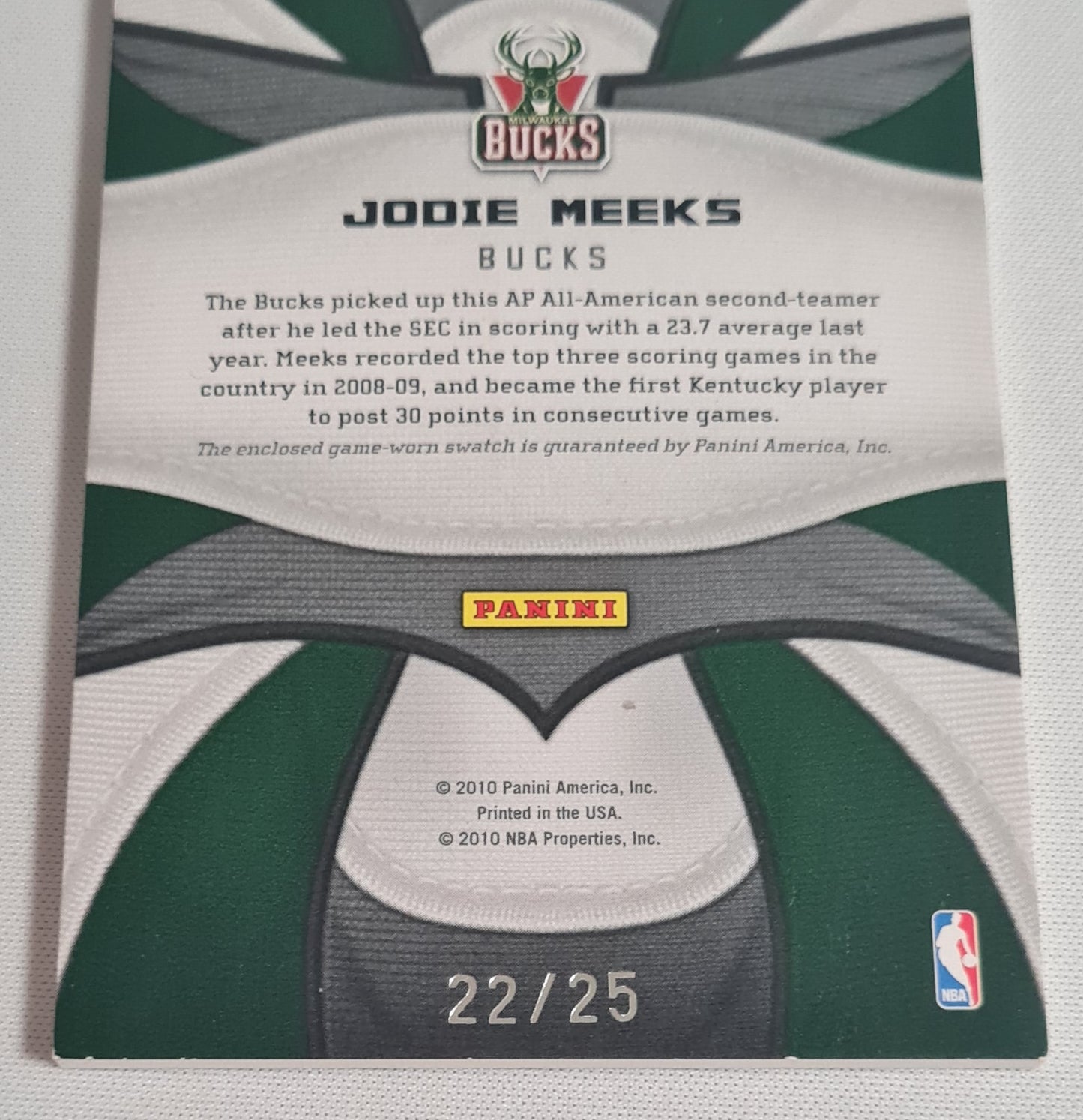 Jodie Meeks - 2010 Panini America Inc. 09/10 Certified - Fabric of the Game - Milwaukee Bucks #FOG-JM /Patch /25