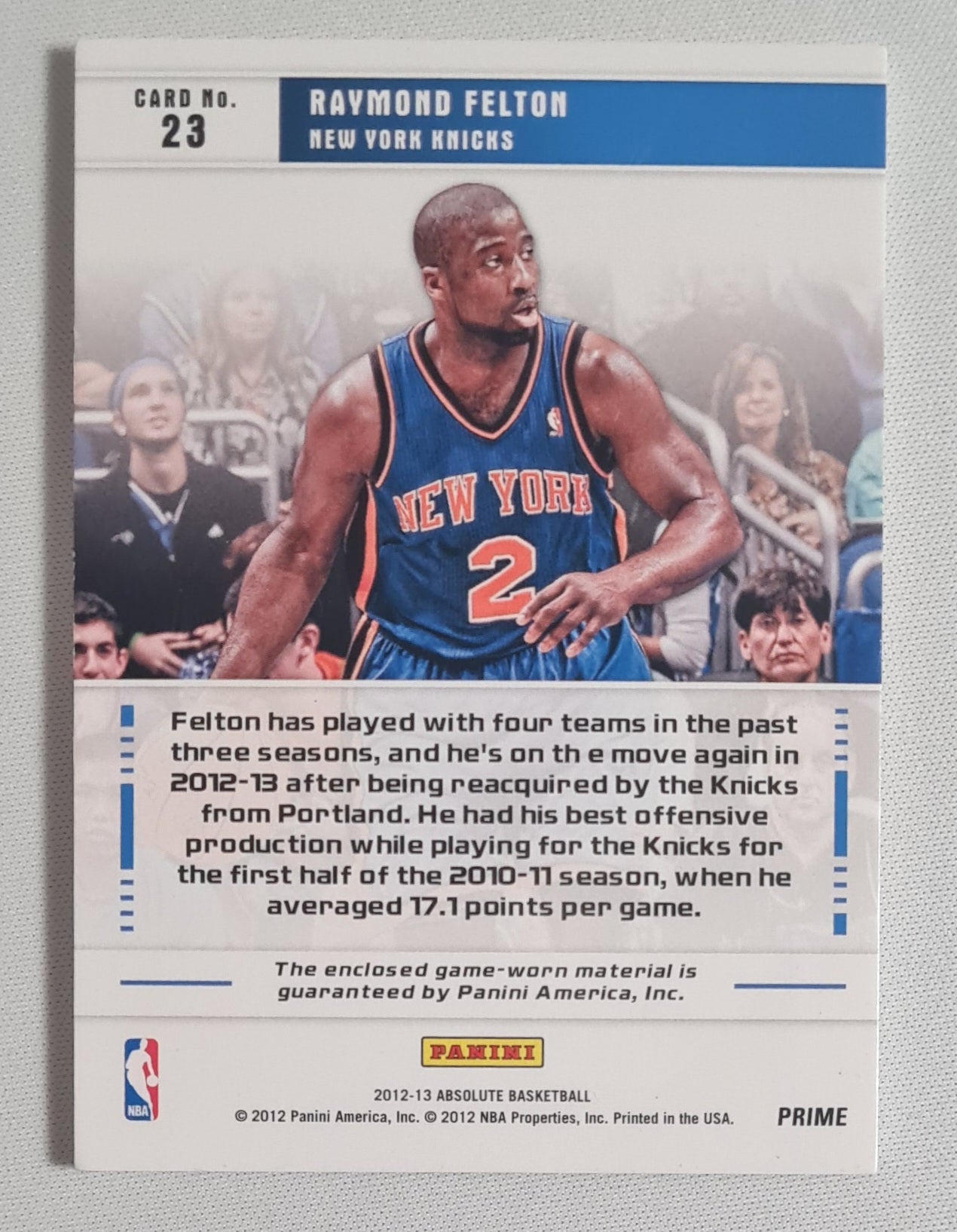 Raymond Felton - 2012/2013 Panini Absolute Basketball - Star Gazing - NBA New York Knicks #23 /Patch /25