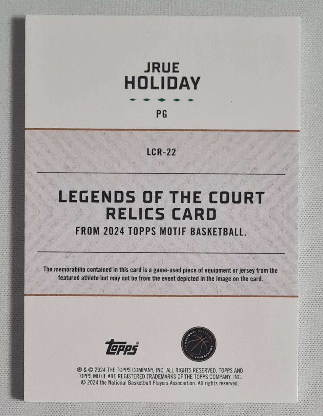 Jrue Holiday - 2024 Topps Motif NBA Basketball Legends of the Court #SG/LCR-22 /Game Worn Memorabilia /49