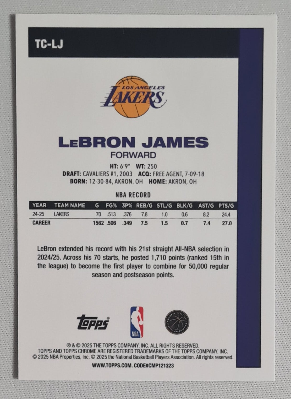 Lebron James - 2025 Topps Chrome NBA Basketball Los Angeles Lakers 45 Year Anniversary Mojo #TC-LJ