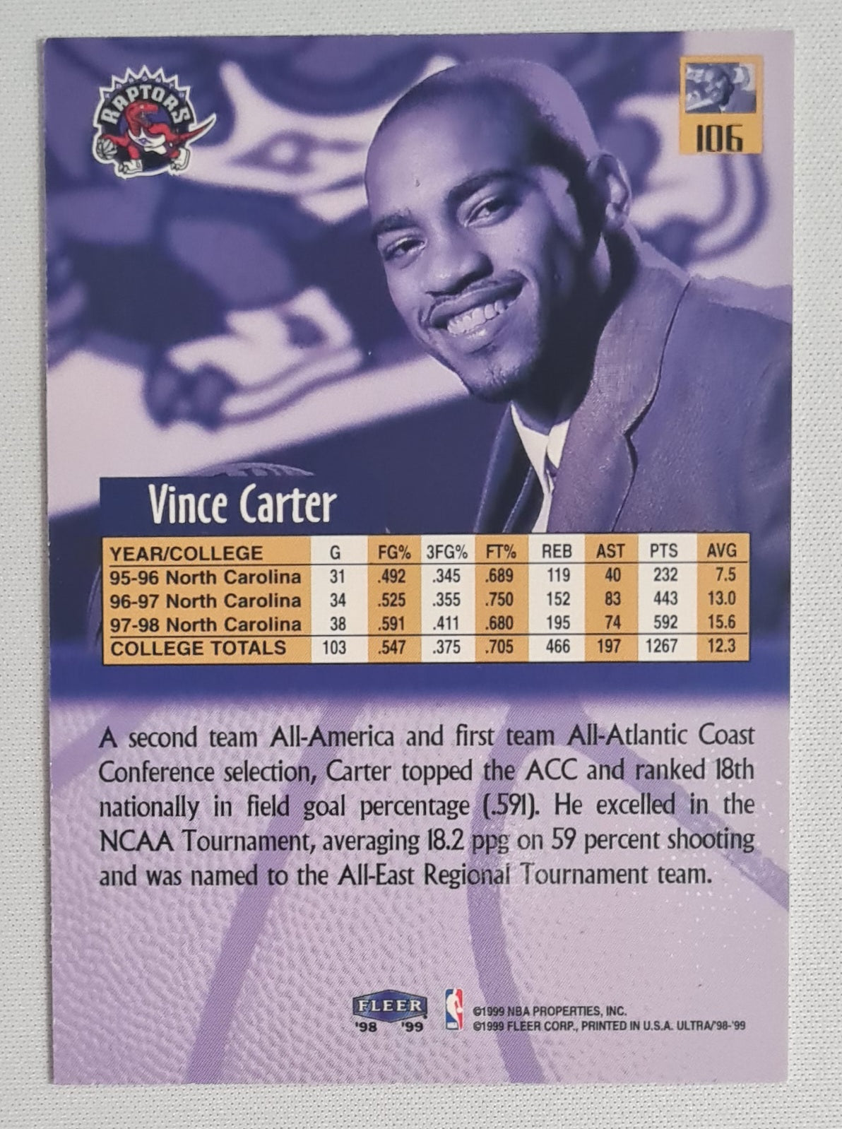 Vince Carter - 1999 Fleer Ultra Rookies NBA Basketball Raptors #106