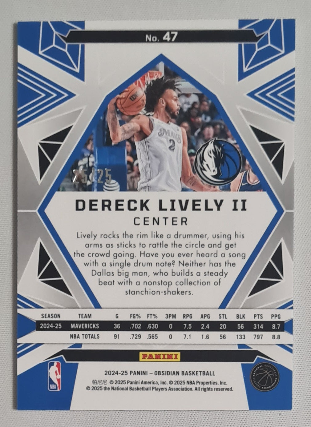 Dereck Lively II - 2024/25 Panini Obsidian Basketball NBA Dallas Mavericks #47 Green /25