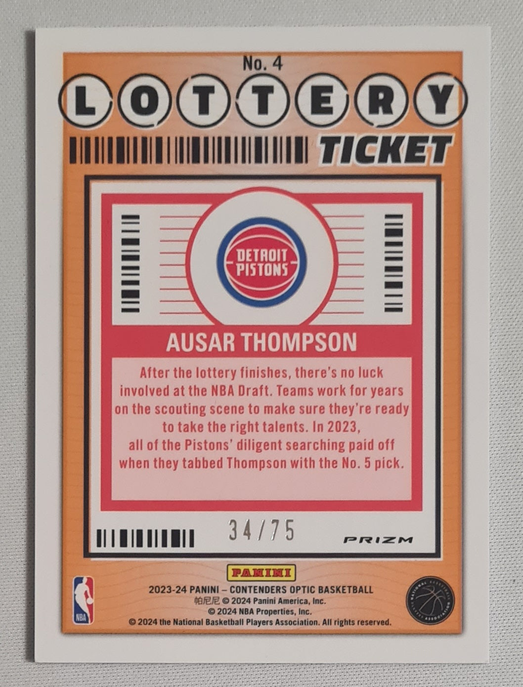 Ausar Thompson - 2023/24 Panini Contenders Optic Basketball - Lottery Ticket - NBA Detroit Pistons #4 /75