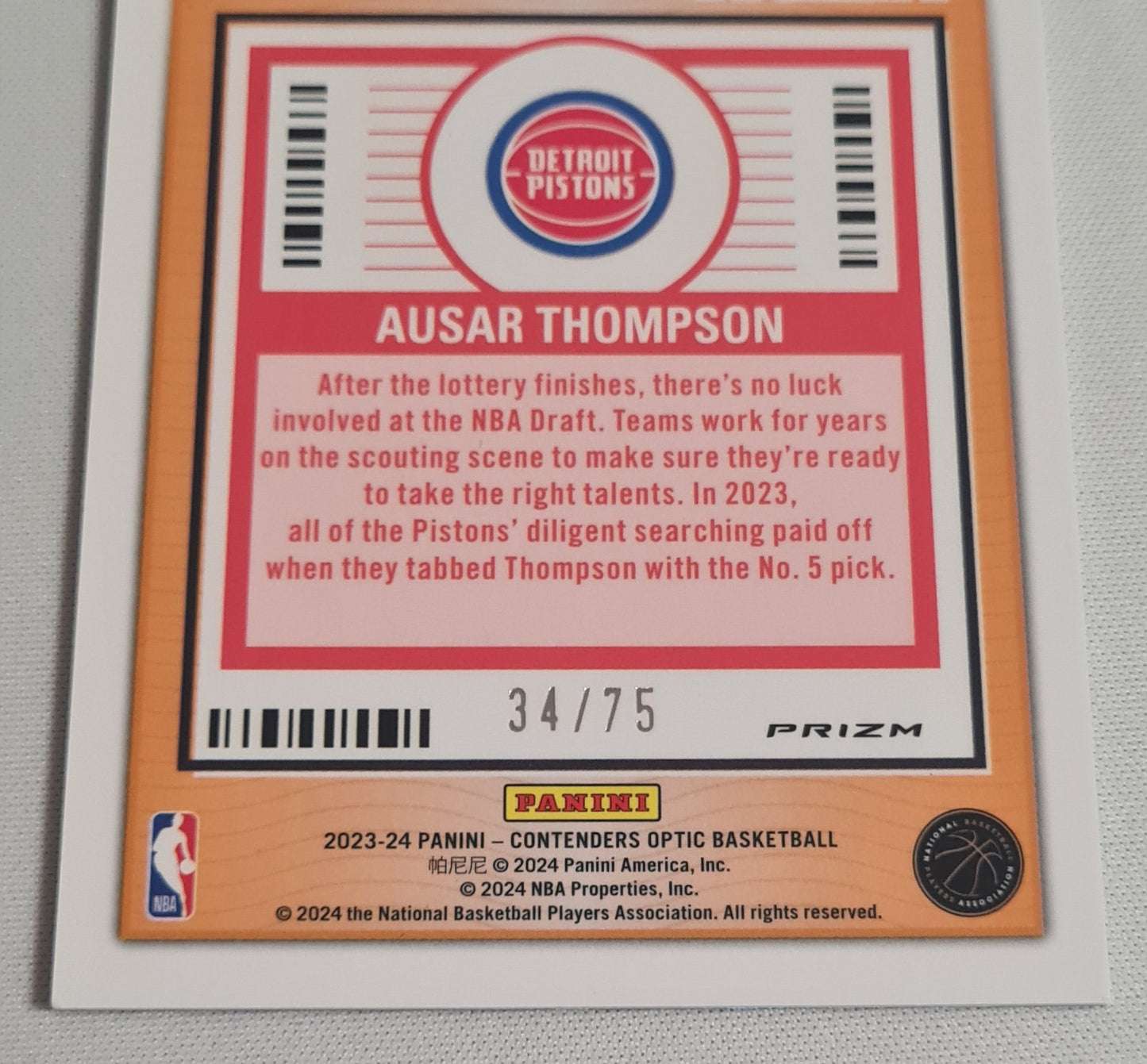 Ausar Thompson - 2023/24 Panini Contenders Optic Basketball - Lottery Ticket - NBA Detroit Pistons #4 /75