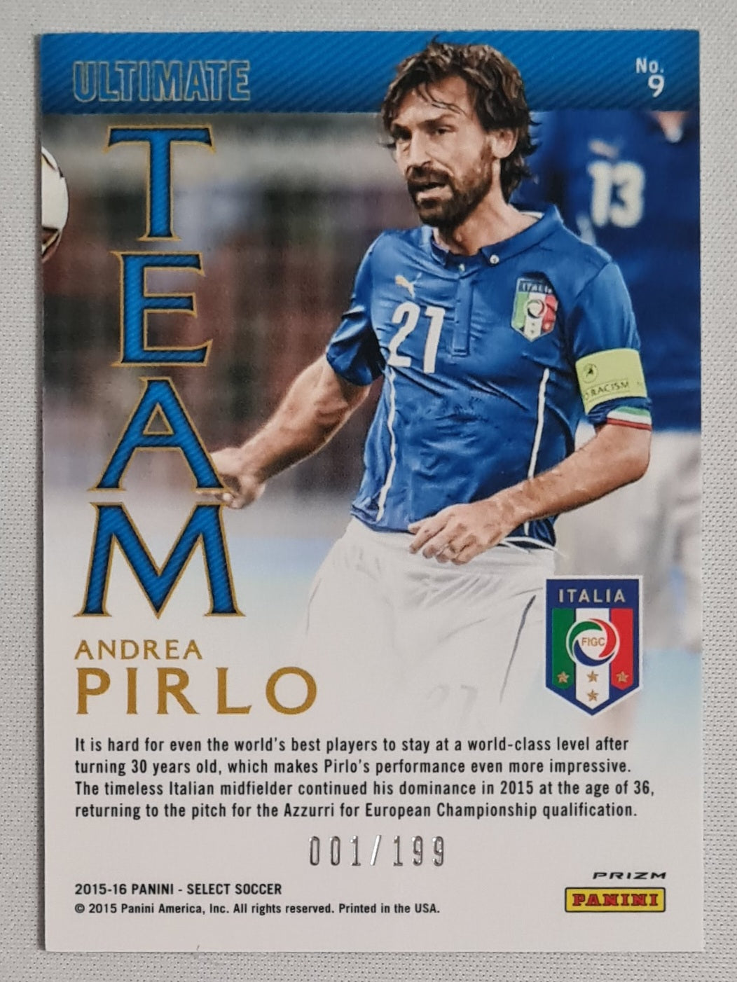 Andrea Pirlo - 2015/26 Panini Select Soccer Ultimate Team Italia #9 Orange Refractor /199