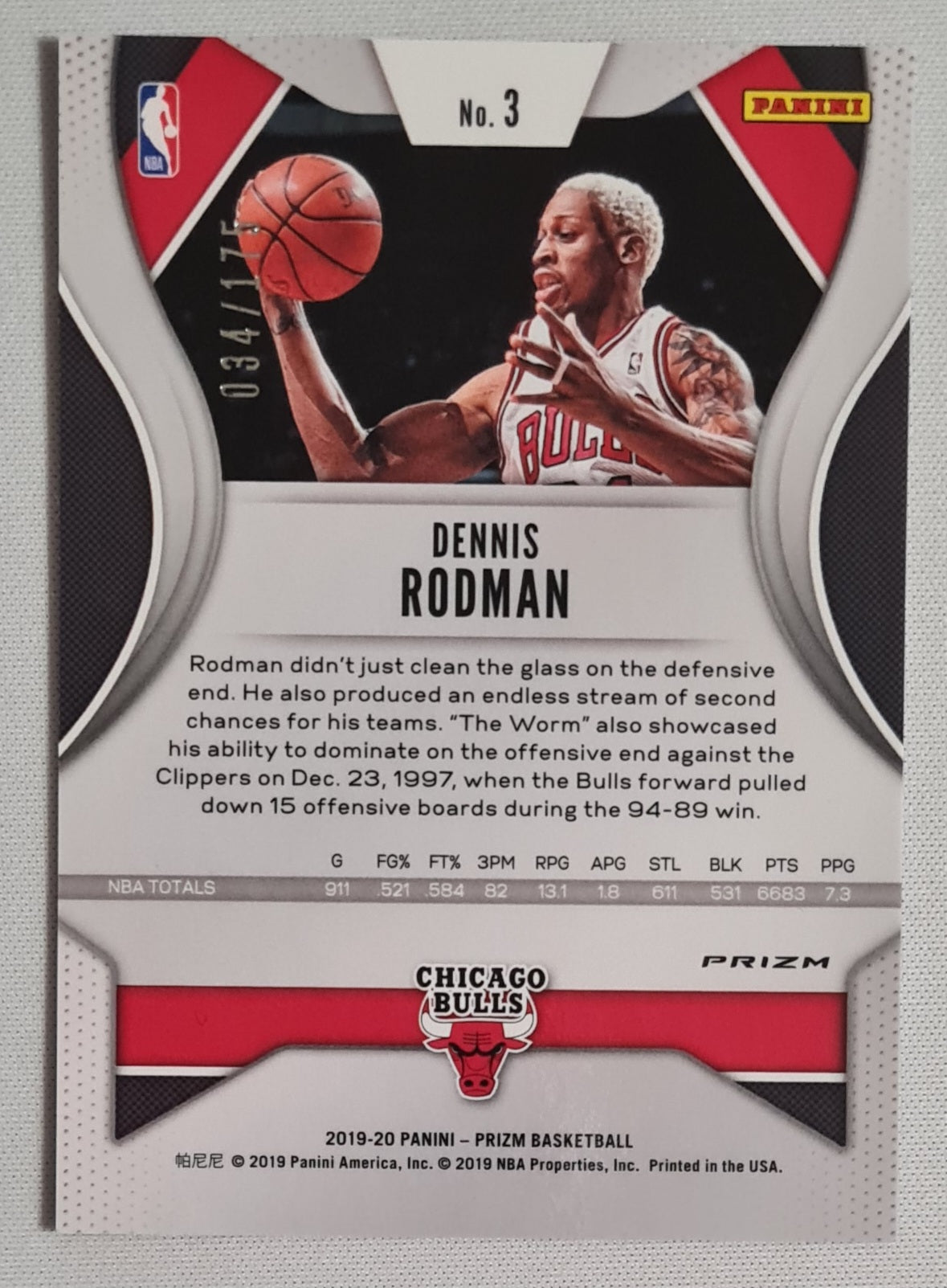 Dennis Rodman - 2019/20 Panini Prizm Basketball NBA Chicago Bulls #3 Blue Disco /175