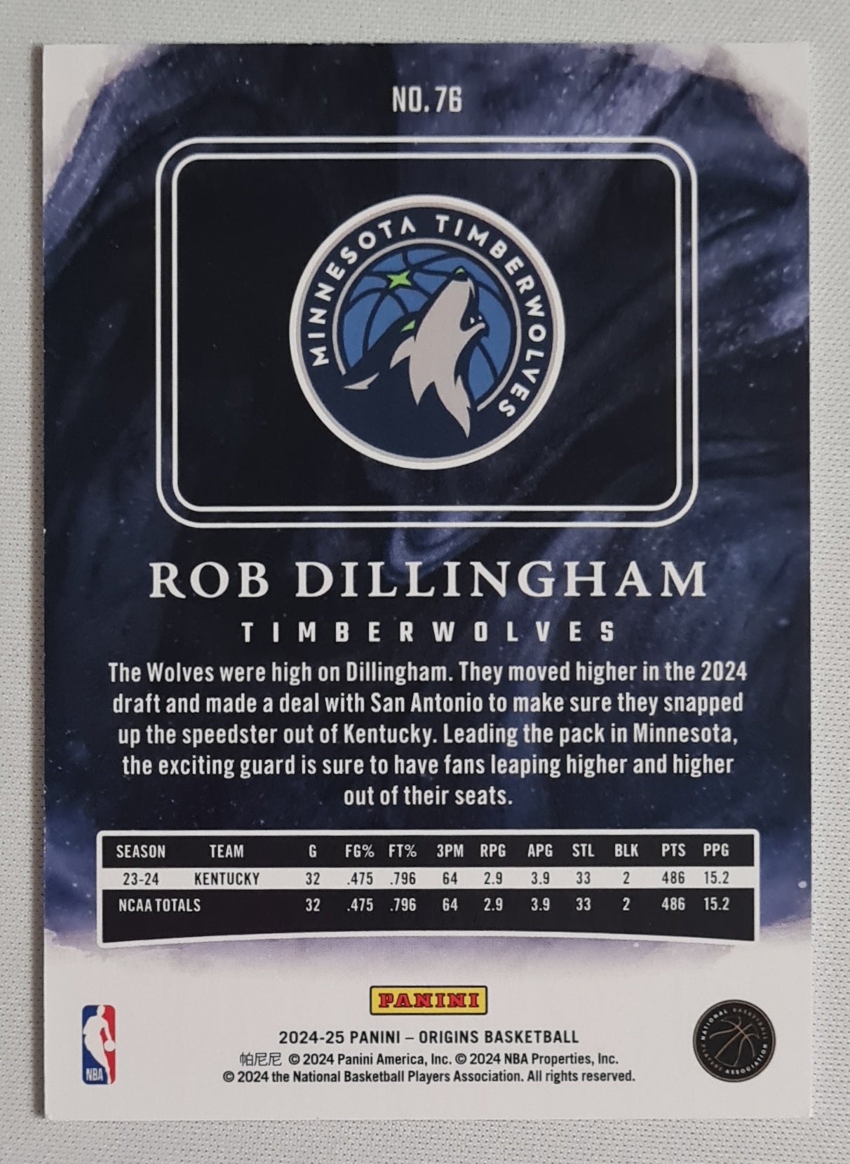 Rob Dillinngham - 2024/25 Panini Origins Basketball NBA Timberwolves (RC)#76 Pink /60