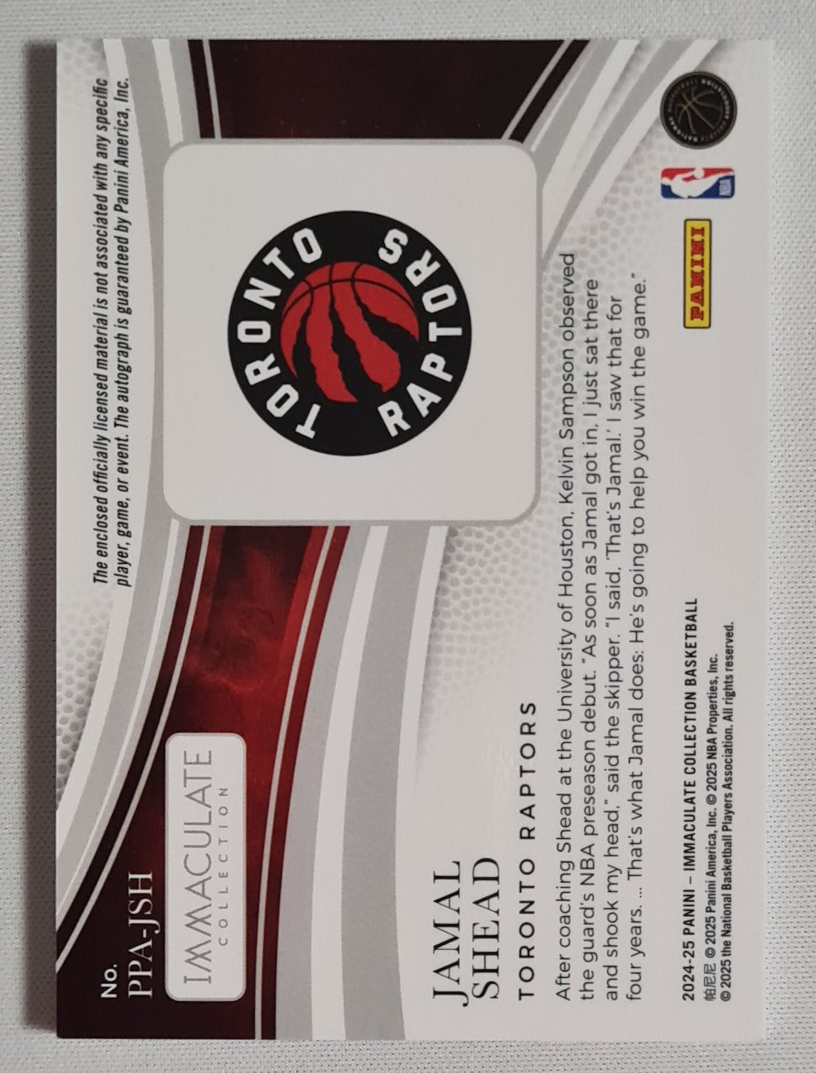 Jamal Shead - 2024/25 Panini Immaculate Collection Basketball NBA Toronto Raptors #PPA-JSH /25 /Auto