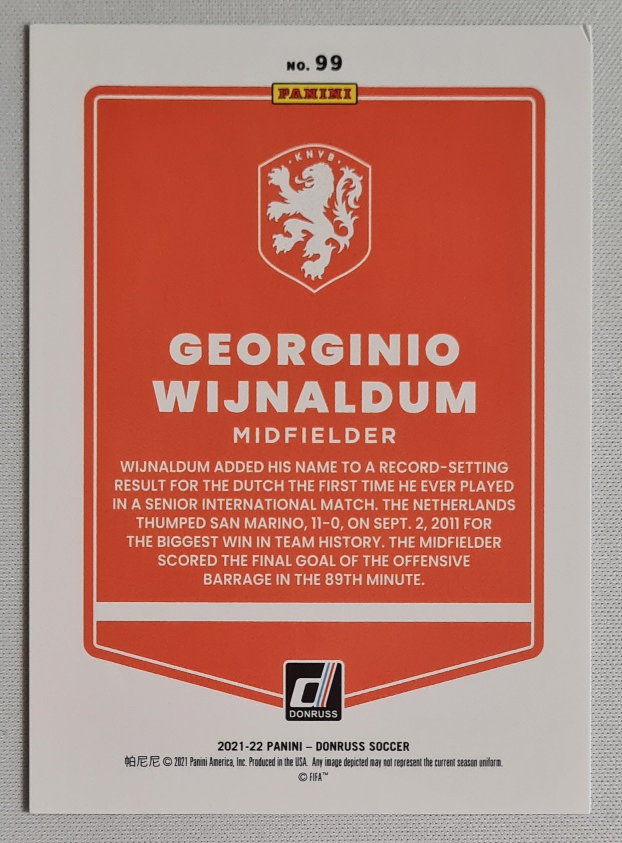 Georginio Wijnaldum - 2021/22 Panini Donruss Soccer KNVB Road to World Cup Qatar 2022 #99 Holo Blue Laser /49