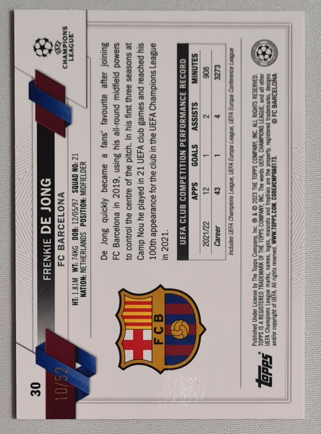 Frenkie de Jong - 2023 Topps Chrome Soccer FC Barcelona (CL) #30 /52
