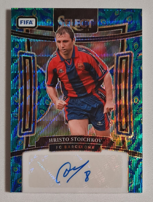 Hristo Stoichkov - 2023/24 Panini Select FIFA Soccer FC Barcelona #S-HS Prizm Wave Peacock /Auto