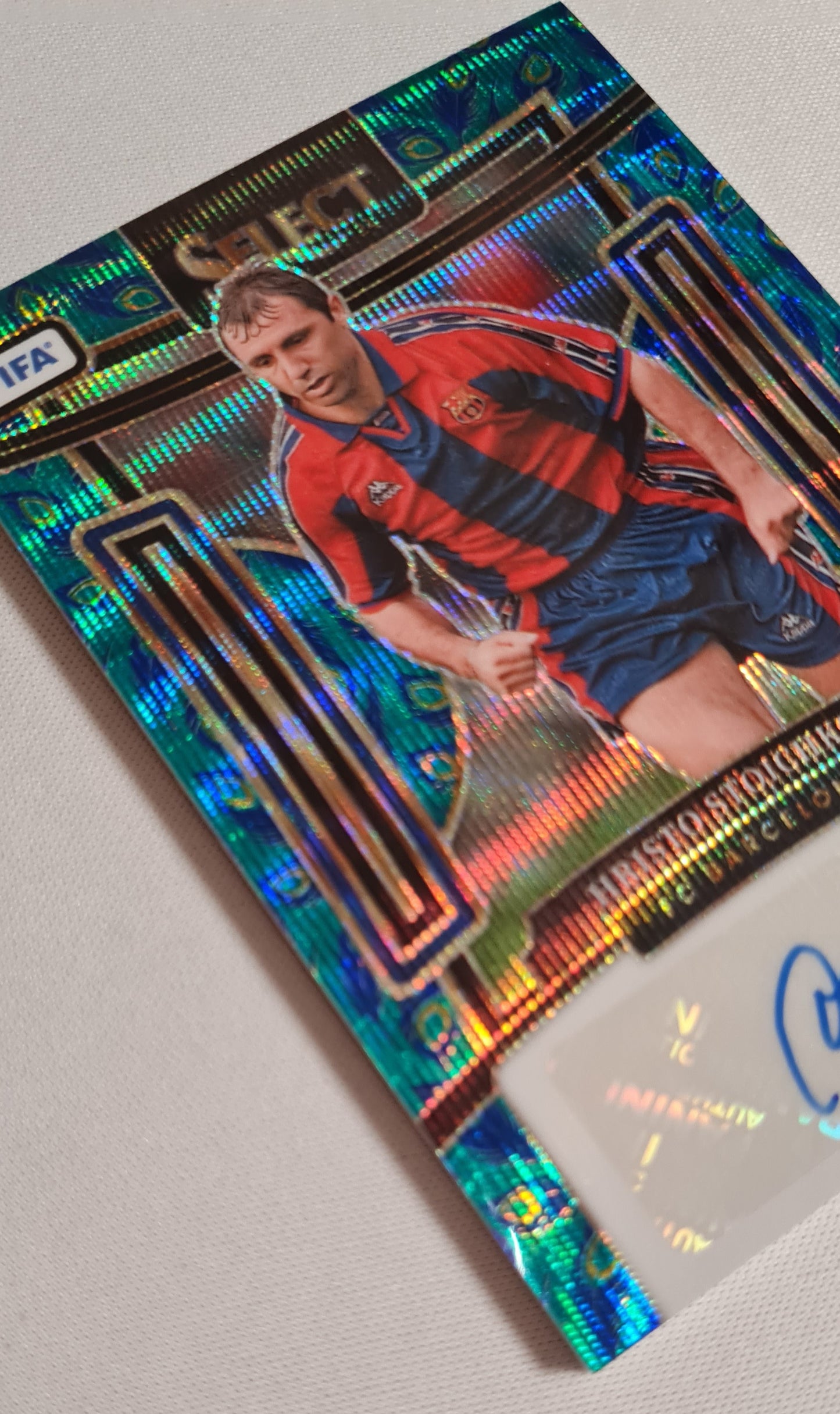 Hristo Stoichkov - 2023/24 Panini Select FIFA Soccer FC Barcelona #S-HS Prizm Wave Peacock /Auto