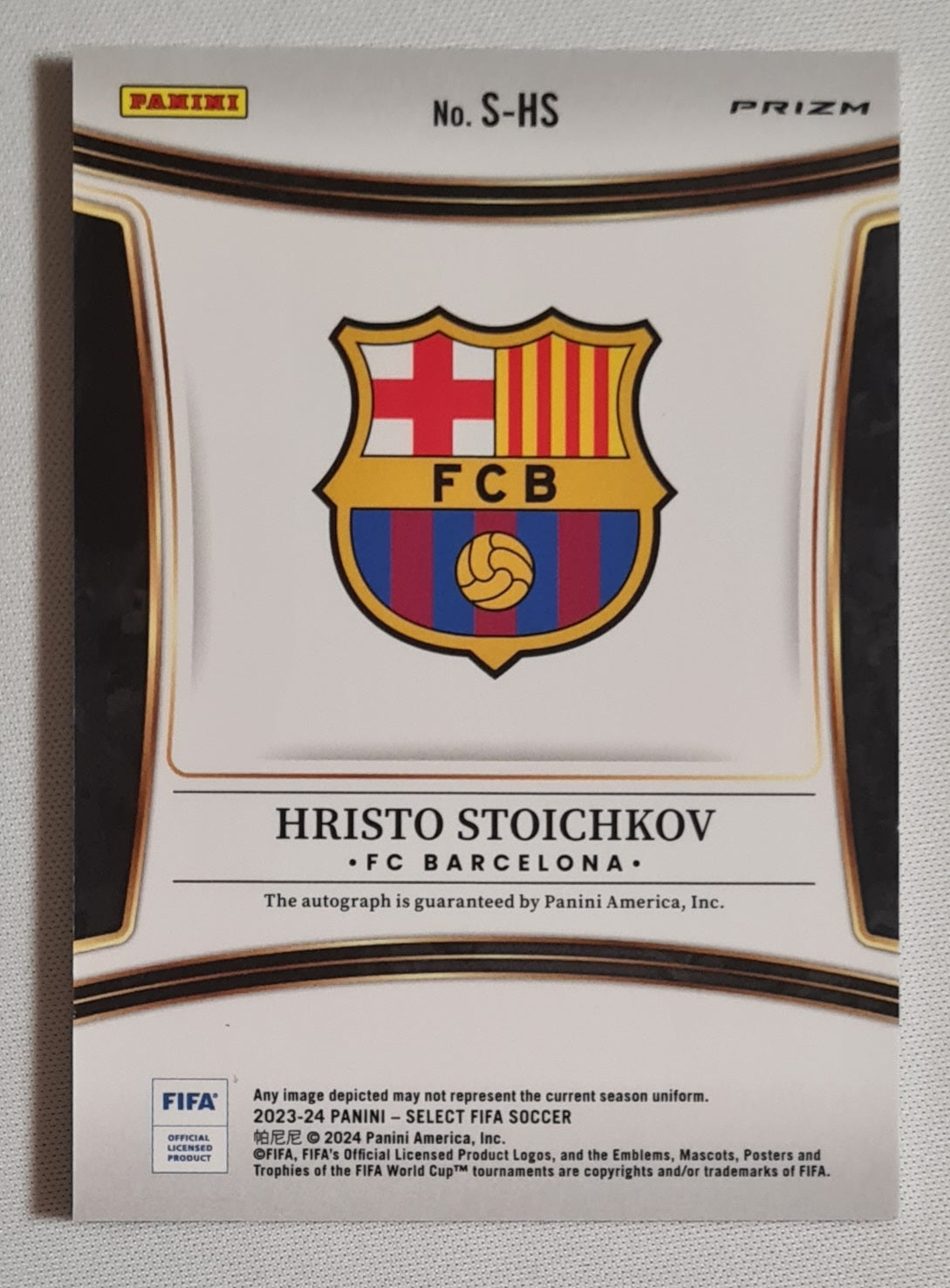 Hristo Stoichkov - 2023/24 Panini Select FIFA Soccer FC Barcelona #S-HS Prizm Wave Peacock /Auto