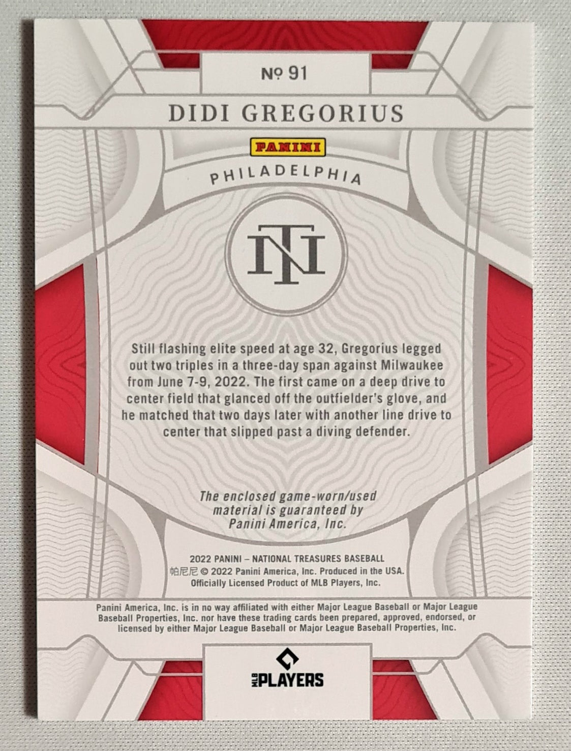 Didi Gregorius - 2022 Panini National Treasure Baseball MLB Philadelphia Phillies #91 / Game used Material /49