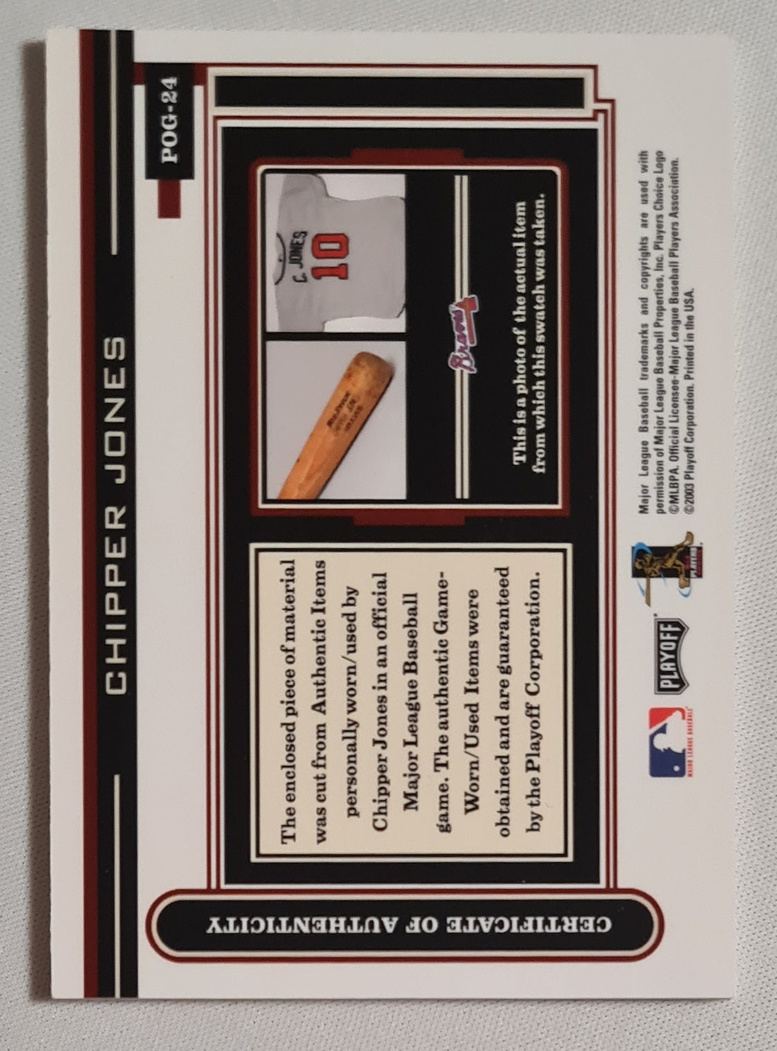 Chipper Jones - 2003 Playoff MLB Baseball Piece of the Game #POG-24 /Game-worn Jersey /Patch