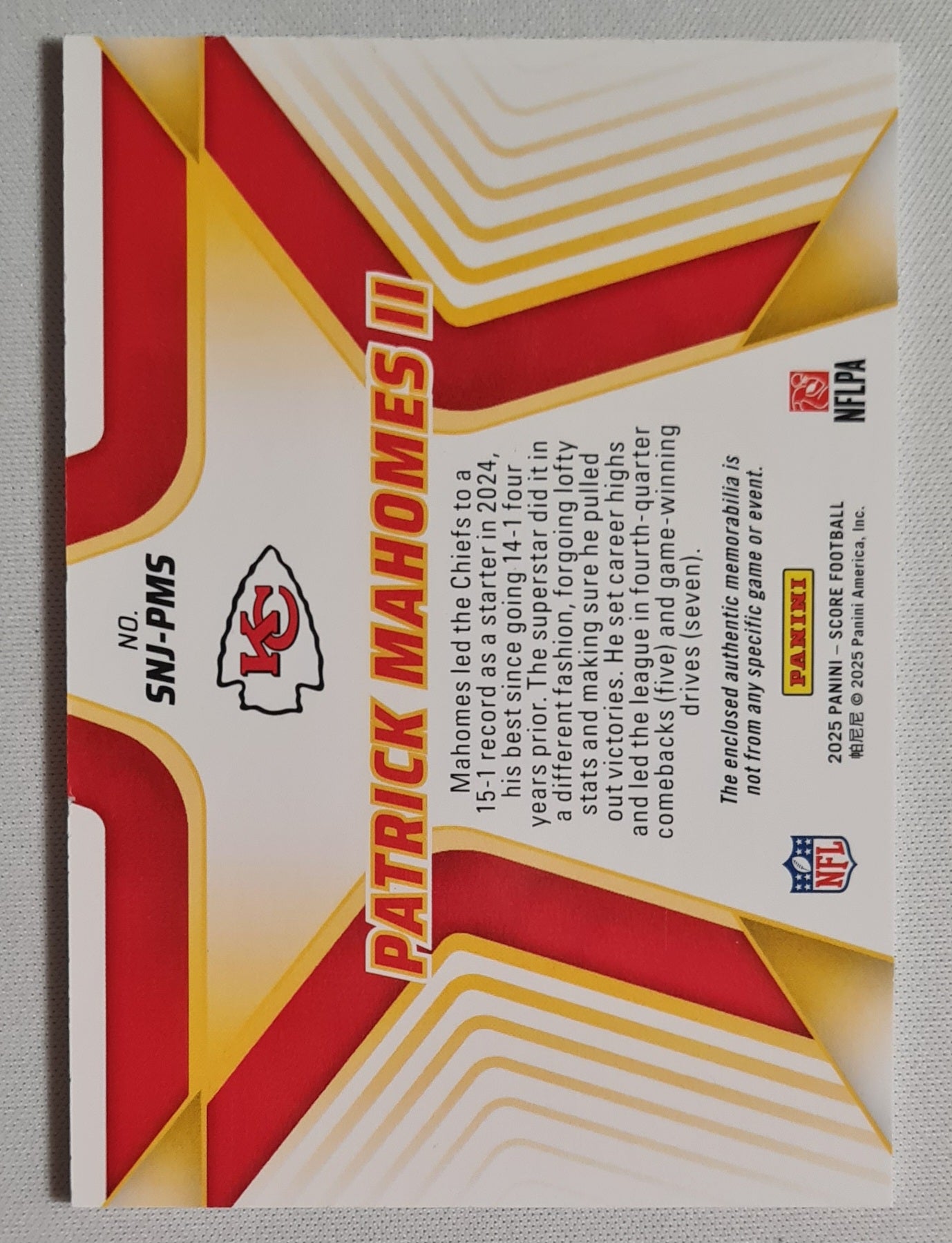 Patrick Mahomes II - 2025 Panini Score Football Stars NFL Chiefs #SNJ-PMS /Patch