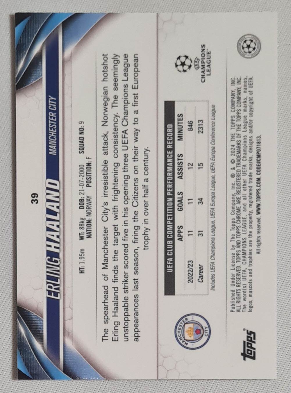 Erling Haaland - 2024 Topps Chrome Manchester City #39 Blue Gemometric /150