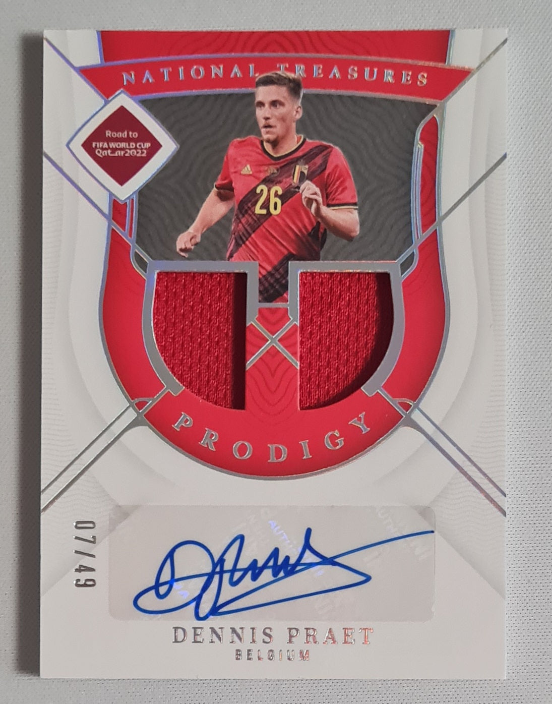 Dennis Praet - 2022 Panini National Treasures FIFA Road to the World Cup Soccer PRODIGY National Team Belgium #PA-DPR /Patch /49 /Auto